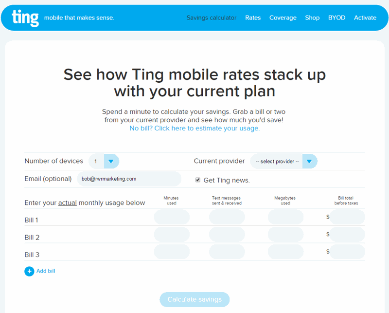 TING cell service savings calculator